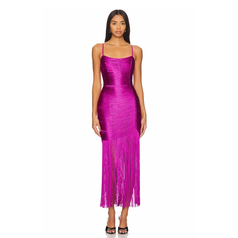 SAYLOR Magenta Fringe Satin Maxi Dress